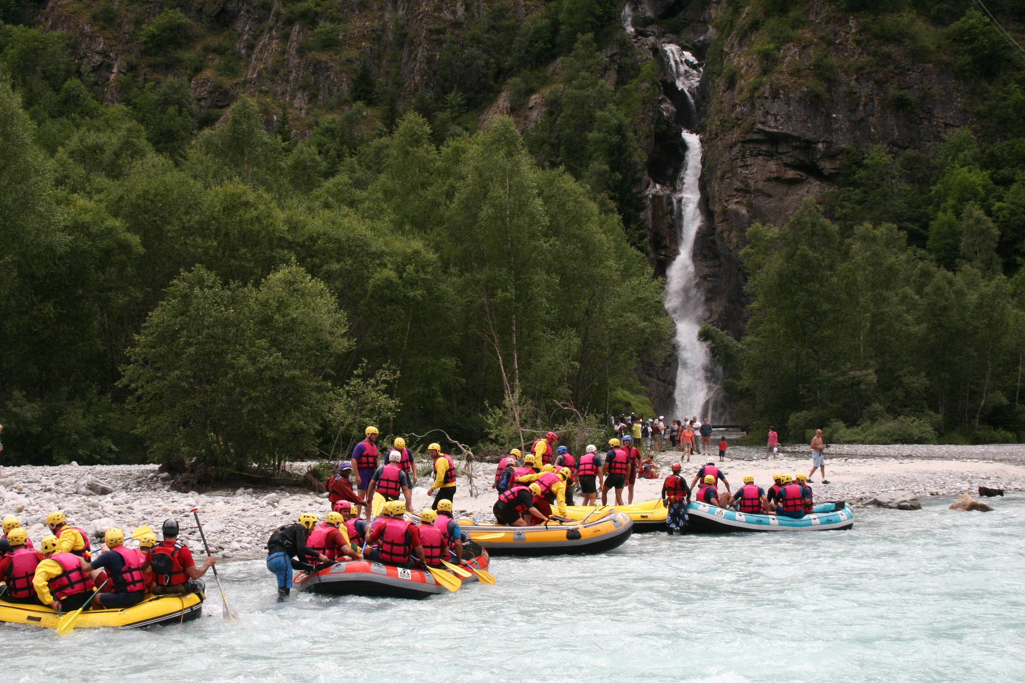 White water rafting heading to waterfall for dunking